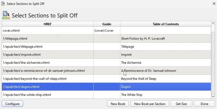 how to split epub file step 2 select the chapters of the ebook with the mouse