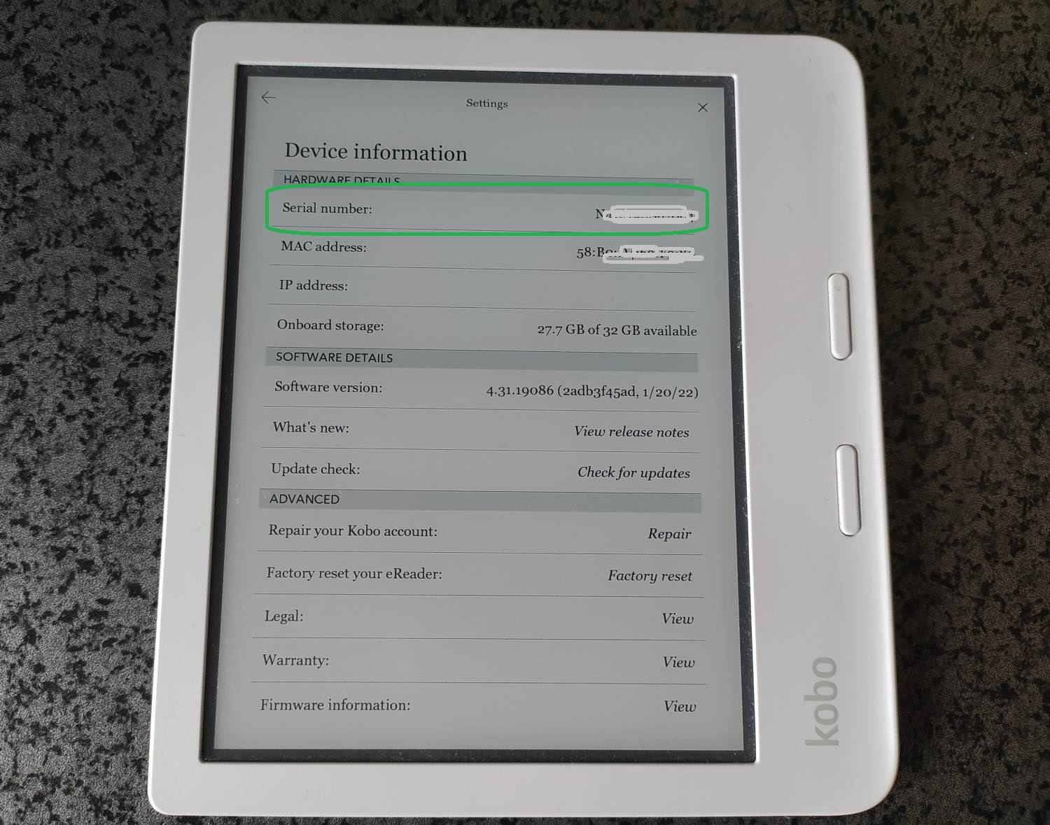How to find your Kobo e-reader model and serial number?