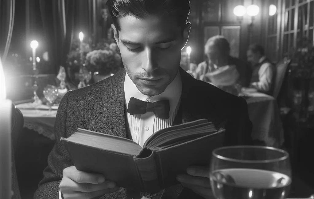 man reading old book in a restaurant