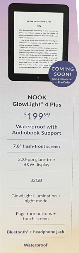 Nook Glowlight 4 Plus e-reader technical specifications