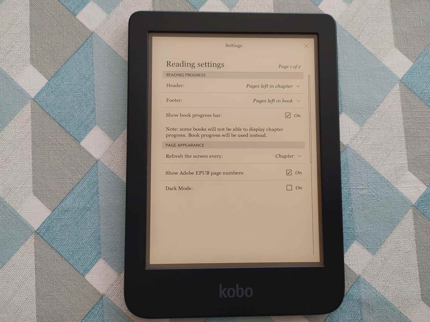 reading progress on Kobo e-reader